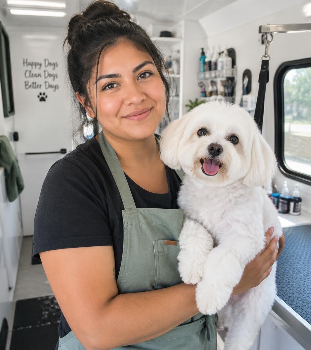 Maya Rodriguez holding a small white dog in her grooming van